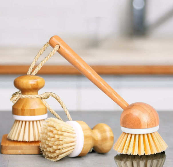 Natural Bamboo Sisal Dishes Scrub Brush 3 Piece Set